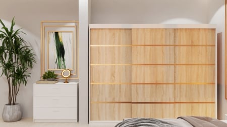 Dormitor Lucas Tapitat cu dulap 250*200 usi glisante Alb&Sonoma, noptiere si comoda [4]