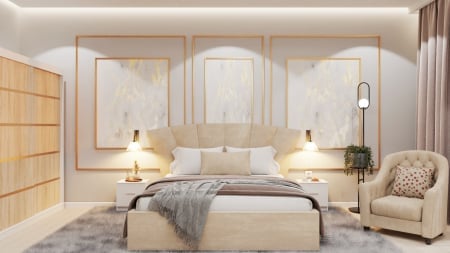 Mobila Dormitor - Dormitor Lucas Tapitat cu dulap 250*200 usi glisante Alb&Sonoma, noptiere si comoda