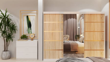 Dormitor Lucas Tapitat cu dulap 250*200 usi glisante Alb&Sonoma cu Oglinda, noptiere si comoda [2]