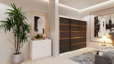 Dormitor Lucas Tapitat Stofa Gri cu dulap 250*200 usi glisante Alb&Antracit, noptiere si comoda [1]