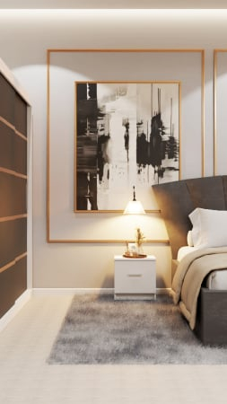 Dormitor Lucas Tapitat Stofa Gri cu dulap 250*200 usi glisante Alb&Antracit, noptiere si comoda [3]