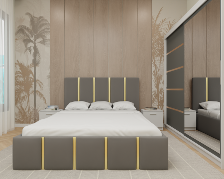 Mobilier Dormitor - Dormitor MILANO Tapitat, 200X200 Alb&Antracit cu oglinda, Somiera Rabatabila