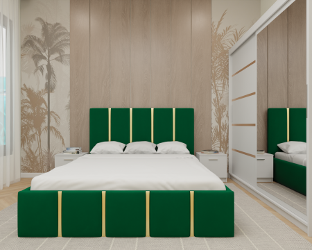 Mobilier Dormitor - Dormitor MILANO Tapitat, 200X200 Alb cu oglinda, Somiera Rabatabila