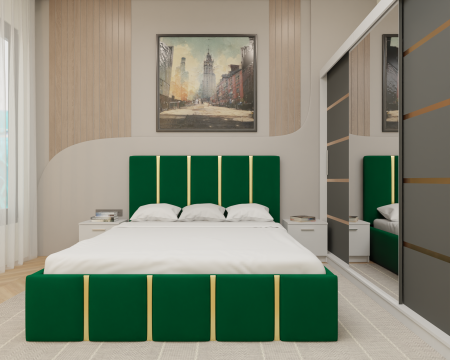 Mobilier Dormitor - Dormitor MILANO Tapitat, 250X200 Alb&Antracit cu oglinda, Somiera Rabatabila