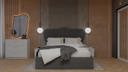 Mobilier Dormitor - Dormitor Queen Pat Tapitat Dressing 2 Usi Cu Oglinda Alb