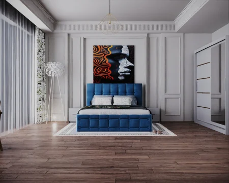 Seturi Dormitor - Dormitor Regal cu Pat Tapitat Stofa Albastra cu dulap 200*200 usi glisante Alb cu Oglinda, noptiere si comoda