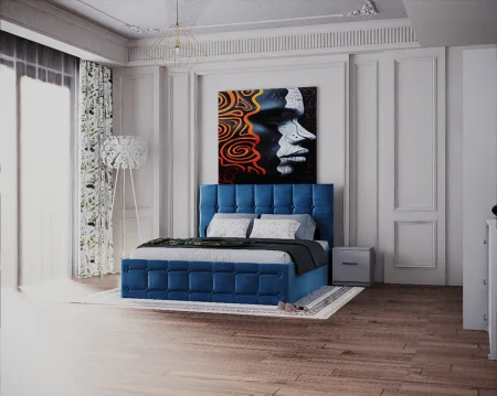 Dormitor Regal cu Pat Tapitat Stofa Albastra cu dulap 200*200 usi glisante Alb, noptiere si comoda [3]