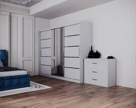 Dormitor Regal cu Pat Tapitat Stofa Albastra cu dulap 250*200 usi glisante Alb cu Oglinda, noptiere si comoda [4]