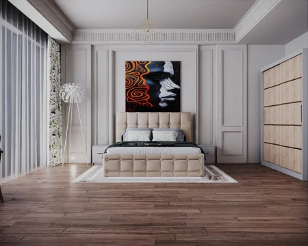 Seturi Dormitor - Dormitor Regal cu Pat Tapitat Stofa Bej cu dulap 200*200 usi glisante Sonoma&Alb, noptiere si comoda