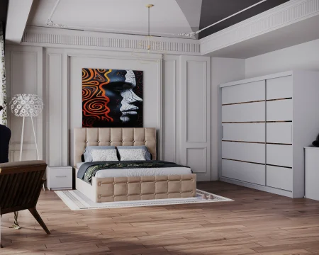 Seturi Dormitor - Dormitor Regal cu Pat Tapitat Stofa Bej cu dulap 250*200 usi glisante Alb, noptiere si comoda
