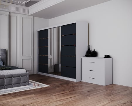 Dormitor Regal cu Pat Tapitat Stofa Gri cu dulap 250*200 usi glisante Alb&Antracit cu Oglinda, noptiere si comoda [4]
