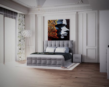 Dormitor Regal cu Pat Tapitat Stofa Gri cu dulap 250*200 usi glisante Alb&Antracit cu Oglinda, noptiere si comoda [3]