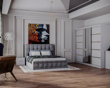 Seturi Dormitor - Dormitor Regal cu Pat Tapitat Stofa Gri cu dulap 250*200 usi glisante Alb cu Oglinda, noptiere si comoda