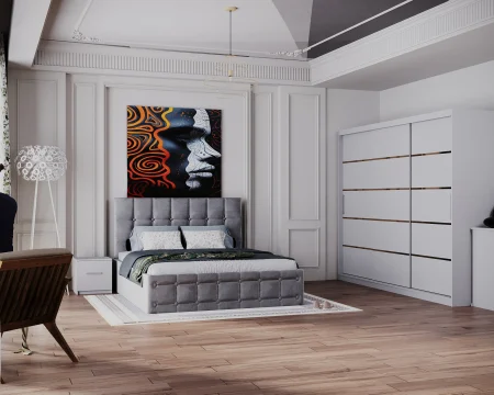 Seturi Dormitor - Dormitor Regal cu Pat Tapitat Stofa Gri cu dulap 250*200 usi glisante Alb , noptiere si comoda