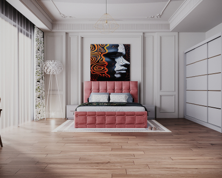 Dormitor Regal cu Pat Tapitat Stofa Roz cu dulap 250*200 usi glisante Alb, noptiere si comoda [1]