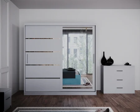 Dormitor Regal cu Pat Tapitat Stofa Turcoaz cu dulap 200*200 usi glisante Alb cu Oglinda, noptiere si comoda [2]