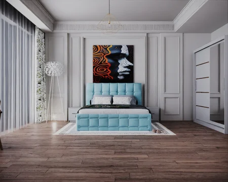 Seturi Dormitor - Dormitor Regal cu Pat Tapitat Stofa Turcoaz cu dulap 200*200 usi glisante Alb cu Oglinda, noptiere si comoda