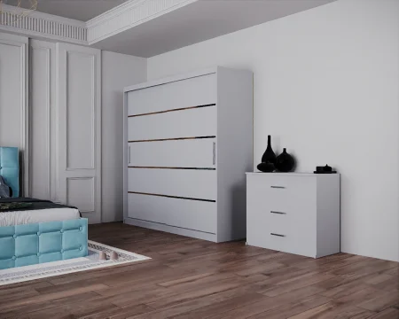 Dormitor Regal cu Pat Tapitat Stofa Turcoaz cu dulap 200*200 usi glisante Alb, noptiere si comoda [4]