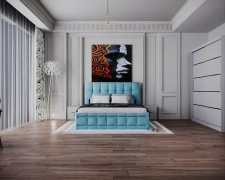 Seturi Dormitor - Dormitor Regal cu Pat Tapitat Stofa Turcoaz cu dulap 200*200 usi glisante Alb, noptiere si comoda
