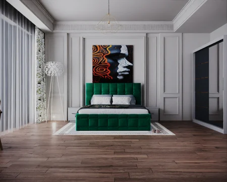 Seturi Dormitor - Dormitor Regal cu Pat Tapitat Stofa Verde cu dulap 200*200 usi glisante Alb&Antracit cu Oglinda, noptiere si comoda