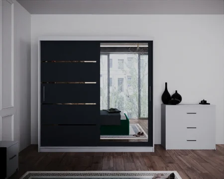 Dormitor Regal cu Pat Tapitat Stofa Verde cu dulap 200*200 usi glisante Alb&Antracit cu Oglinda, noptiere si comoda [2]