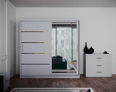 Dormitor Regal cu Pat Tapitat Stofa Verde cu dulap 200*200 usi glisante Alb cu Oglinda, noptiere si comoda [2]