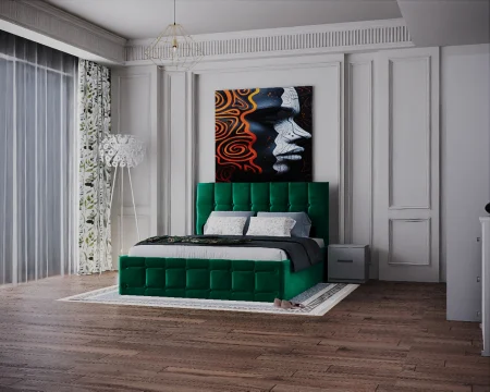 Dormitor Regal cu Pat Tapitat Stofa Verde cu dulap 200*200 usi glisante Alb cu Oglinda, noptiere si comoda [3]