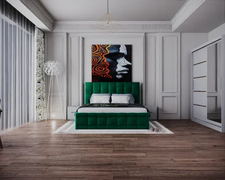 Seturi Dormitor - Dormitor Regal cu Pat Tapitat Stofa Verde cu dulap 200*200 usi glisante Alb cu Oglinda, noptiere si comoda