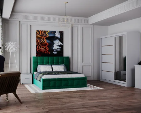 Dormitor Regal cu Pat Tapitat Stofa Verde cu dulap 200*200 usi glisante Alb cu Oglinda, noptiere si comoda [1]