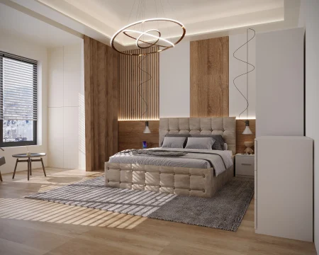 Seturi Dormitor - Dormitor Regal Tapitat Bej 2 Usi Alb cu Oglinda