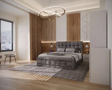Seturi Dormitor - Dormitor Regal Tapitat Gri 2 Usi Alb cu Oglinda
