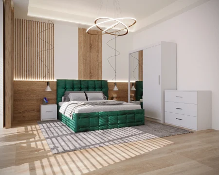 Paturi Tapitate - Dormitor Regal Tapitat Verde 2 Usi Alb cu Oglinda