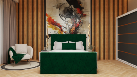 Mobilier Dormitor - Dormitor Tony Tapitat Stofa Verde cu dulap 200*200 usi glisante Alb&Antracit cu, noptiere si comoda