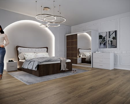 Seturi Dormitor - Dormitor Vista cu Pat Tapitat Wenge&Alb cu dulap 200*200 usi glisante Wenge&Alb cu Oglinda, noptiere si comoda