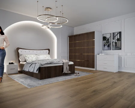 Seturi Dormitor - Dormitor Vista cu Pat Tapitat Wenge&Alb cu dulap 200*200 usi glisante Wenge&Alb, noptiere si comoda