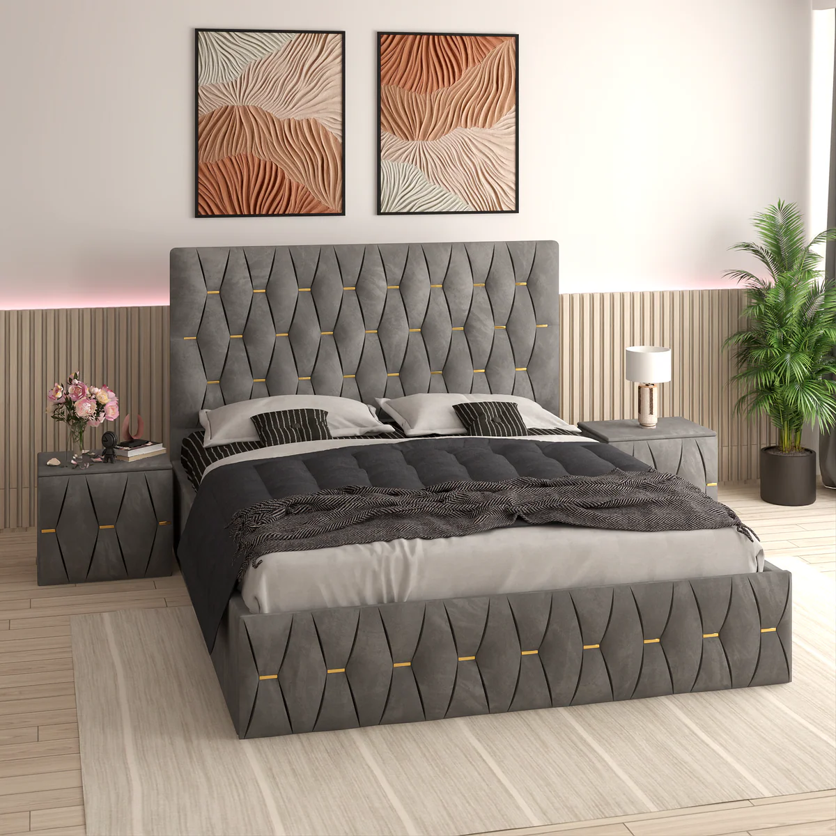 Mobilier Dormitor - Pat Monaco Cu 2 Noptiere, Somiera Rabatabila