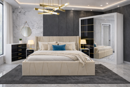 Mobilier Dormitor - Set Dormitor Eva mdf lucios cu Somiera Rabatabila si lada , dressing 200x200