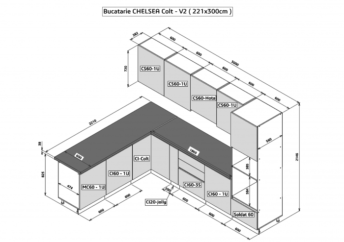 Bucatarie colt Chelsea V2 ,221/300x60x200 cm, Gri antracit , Alb /Stejar K003 [2]