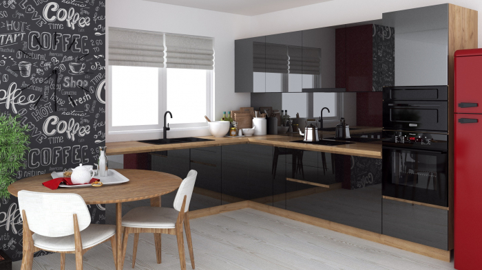 Bucatarie colt Chelsea V2, 221/300x60x200 cm, Gri antracit /Stejar K003 [1]