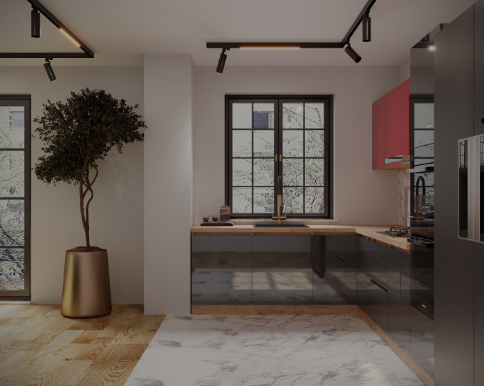 Bucatarie colt Chelsea V2 Rosu Antracit Stejar K003 221/300x60x200 cm [3]