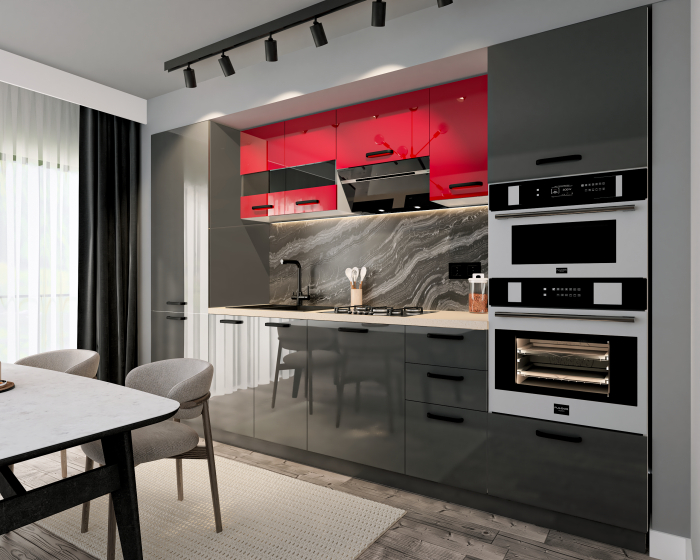 Bucatarie Daria, MDF Rosu+Gri antracit, 303x60x200cm [2]