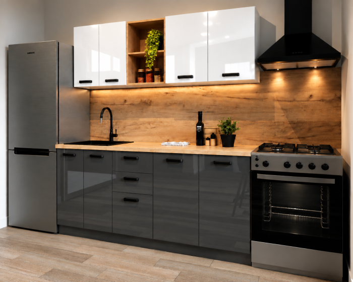 Bucatarie Daria MDF V1, 180x60x200cm, Acril Alb+Antracit [2]