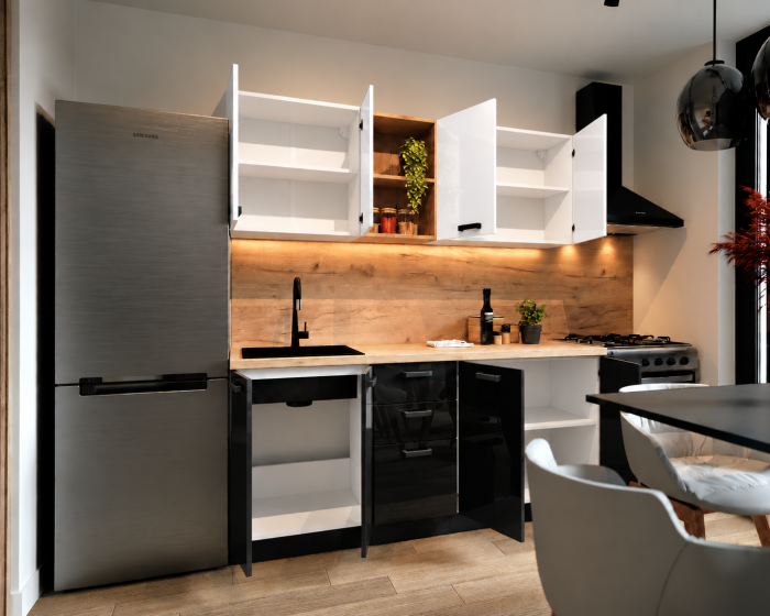 Bucatarie Daria MDF V1, 180x60x200cm, Acril Alb+Negru [3]