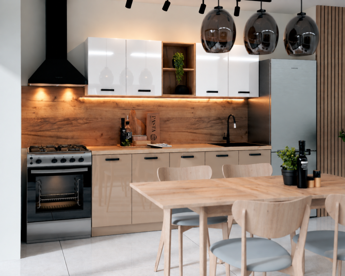 Bucatarie Daria MDF V1, 200x60x200cm, Acril Alb+Cappuccino [2]