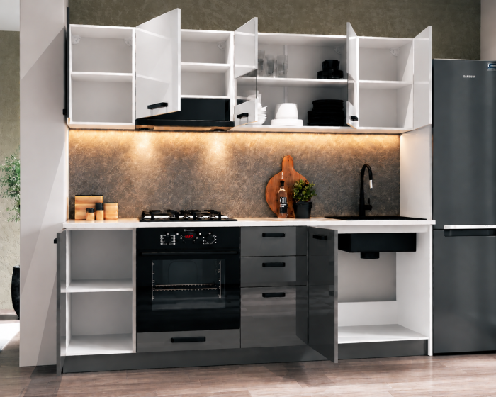 Bucatarie Daria MDF V1, 220x60x200cm, Acril Alb+Antracit [3]