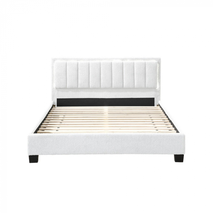 Pat tapitat Comfort 1 cu LED, 140x200, cadru din lemn cu somiera fixa, culoare Crem [2]