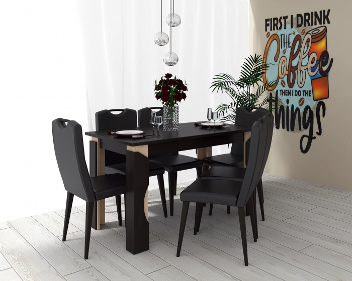 Set Masa Mario Cu 6 Scaune Tapitate RH6002C Negru [1]