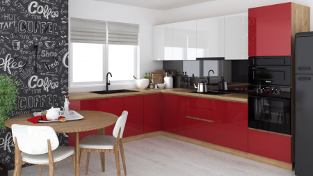 Mobila bucatarie - Bucatarie colt Chelsea V2, 221/300x60x200 cm, Alb/Rosu /Stejar K003