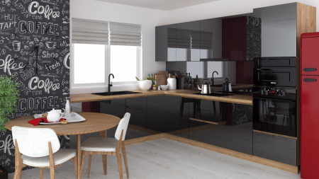 Bucatarii - Bucatarie colt Chelsea V2, 221/300x60x200 cm, Gri antracit /Stejar K003