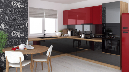 Mobila bucatarie - Bucatarie colt Chelsea V2, 221/300x60x200 cm, Rosu, Antracit /Stejar K003
